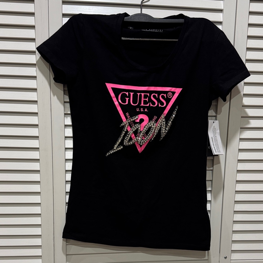 GUESS Black Tee with Pink Logo